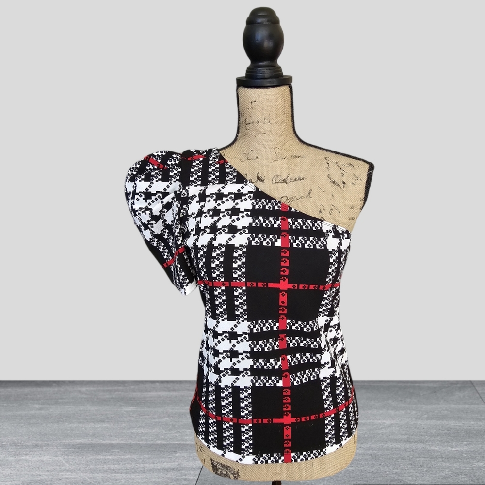 Shein One Shoulder Puff Sleeve Fitted Black White Red Top Size Large